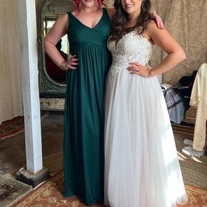 Chiffon Cowl Back V-Neck Sheath Dress David’s Bridal Size 10, fits 8 Juniper Grn